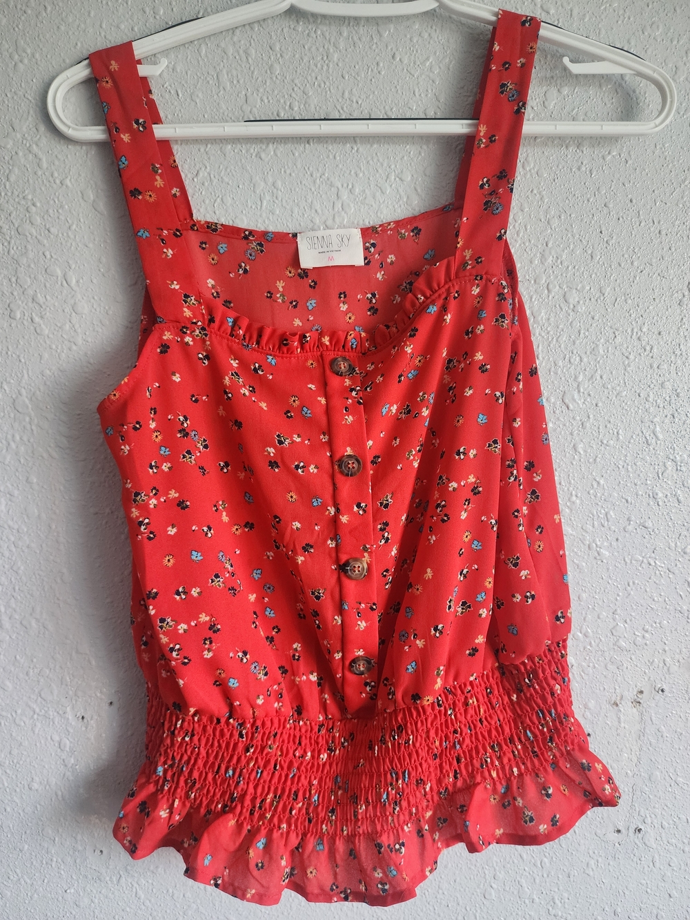 Red Floral Button-Front Smocked Hem Tank Top -